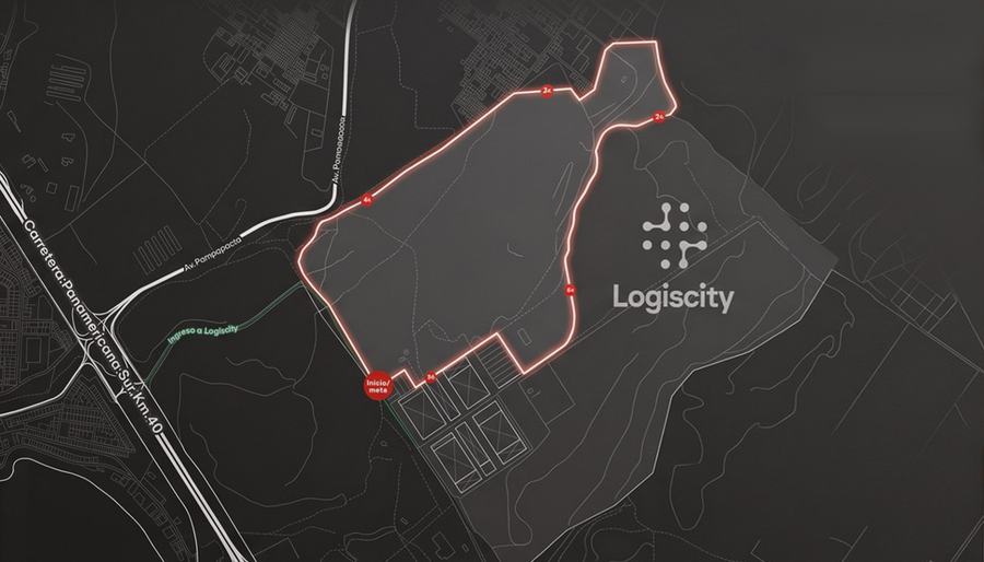 Mapa del circuito de 5 km dentro de Logiscity, con la salida y meta junto al campo deportivo y marcas cada kilómetro